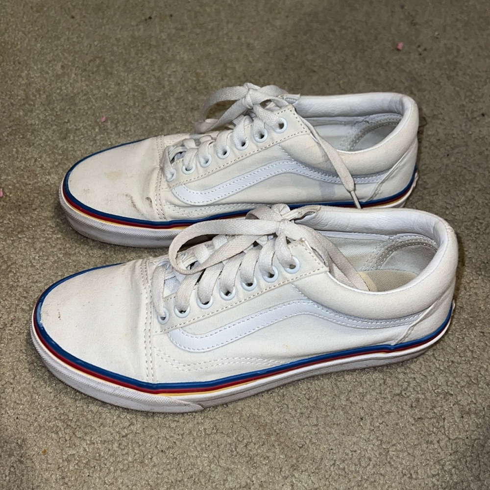 White with blue/red/yellow stripe vans